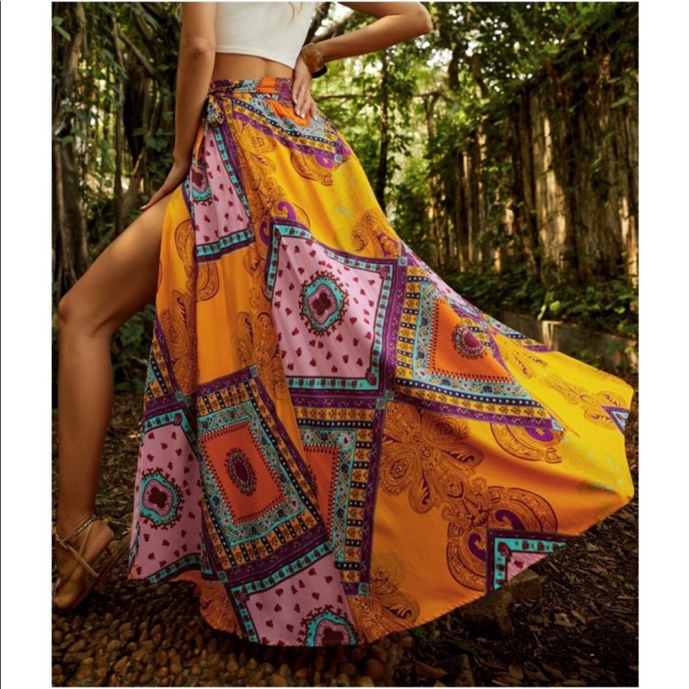 Boho Festival Floral Scarf Print Knot Side Slit Maxi Skirt - Picture 2 of 6